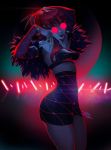  1girl armpits backlighting breasts claw_(weapon) commentary detached_sleeves english_commentary evelynn eyeshadow feather_boa glasses hair_over_shoulder high-waist_skirt idol k/da_(league_of_legends) k/da_evelynn league_of_legends lipstick looking_at_viewer makeup mike_nesbitt miniskirt opaque_glasses pince-nez pink-tinted_eyewear purple_hair purple_lipstick skirt slender_waist slit_pupils small_breasts solo ultraviolet_light weapon 