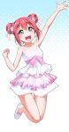  1girl arms_up bangs blush bow breasts double_bun dress earrings eyebrows_visible_through_hair frilled_dress frills green_eyes hair_between_eyes hair_ornament hair_ribbon hand_up jewelry kurosawa_ruby looking_at_viewer love_live! love_live!_sunshine!! necklace open_mouth pink_bow polka_dot polka_dot_background redhead ribbon small_breasts smile solo strapless strapless_dress thank_you_friends!! white_dress white_footwear yopparai_oni 