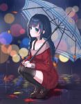  1girl absurdres autumn_leaves bangs black_hair black_legwear blue_eyes braid breasts brown_footwear cleavage collarbone dress full_body highres holding holding_umbrella leaf lens_flare loafers long_hair maple_leaf medium_breasts original rain red_sweater sarablanche shiny shiny_hair shoes solo squatting sweater sweater_dress thigh-highs transparent transparent_umbrella twin_braids twintails umbrella zettai_ryouiki 