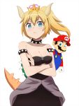  1boy 1girl a-1_pictures ascii_media_works bare_shoulders blonde_hair blue_eyes blush bowsette breasts brown_hair cabbie_hat can&#039;t_be_this_cute cleavage crossed_arms dress facial_hair fang hat highres horns kanzaki_hiro_(style) mario super_mario_bros. met miyamoto_shigeru monster_girl mustache new_super_mario_bros._u_deluxe nintendo nintendo_ead ore_no_imouto_ga_konna_ni_kawaii_wake_ga_nai parody ponytail shell simple_background sleeveless sleeveless_dress strapless strapless_dress super_crown super_mario_bros. sweatdrop tail tokyo_mx white_background 