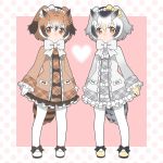  2girls adapted_costume bird_tail bow bow_footwear bowtie brown_coat brown_eyes brown_hair closed_mouth coat commentary_request eurasian_eagle_owl_(kemono_friends) frilled_sleeves frills full_body grey_hair heart kemono_friends long_sleeves looking_at_viewer multicolored_hair multiple_girls northern_white-faced_owl_(kemono_friends) orange_eyes pantyhose plaid shoes simple_background white_coat white_hair white_legwear white_neckwear yukiko_haotome 
