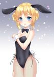  1girl :o animal_ears bangs bare_shoulders black_leotard black_neckwear blonde_hair blue_eyes blush bow bowtie breasts bunny_girl bunny_tail bunnysuit cleavage collarbone commentary_request covered_navel cowboy_shot detached_collar double_bun eyebrows_visible_through_hair fishnet_pantyhose fishnets hand_up leotard medium_breasts misaki_(misaki86) original pantyhose parted_lips rabbit_ears side_bun sidelocks solo standing strapless strapless_leotard tail white_collar wing_collar wrist_cuffs 