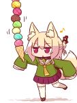  1girl :o animal_ear_fluff animal_ears bangs bell bell_collar blonde_hair blush brown_collar collar eighth_note eyebrows_visible_through_hair food fox_ears fox_girl fox_tail full_body hair_between_eyes hair_bun hair_ornament holding holding_food ice_cream ice_cream_cone jingle_bell kemomimi-chan_(naga_u) long_hair looking_away musical_note naga_u orange_neckwear original outstretched_arm parted_lips pleated_skirt purple_skirt red_eyes red_footwear ribbon-trimmed_legwear ribbon_trim sailor_collar school_uniform serafuku shadow sidelocks skirt solo standing standing_on_one_leg tail tail_raised thigh-highs too_many too_many_scoops white_background white_legwear white_sailor_collar zouri 