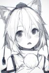  1girl animal_ears detached_sleeves fangs greyscale hair_between_eyes hat highres inubashiri_momiji junwool looking_at_viewer monochrome open_mouth short_hair solo tokin_hat touhou upper_body wolf_ears 