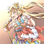  1girl bang_dream! bangs blonde_hair blue_bow bow clenched_hand crown detached_sleeves dress earrings fringe_trim fur_trim jewelry layered_dress long_hair microphone microphone_stand multicolored multicolored_clothes multicolored_dress riai_(onsen) solo striped_sleeves sweat tsurumaki_kokoro twintails wrist_cuffs yellow_eyes 