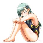  1girl aqua_eyes aqua_hair arms_on_knees blue_swimsuit blush breasts closed_mouth competition_swimsuit full_body hair_ornament hairclip kantai_collection koutarou_(plusdrive) large_breasts long_hair looking_at_viewer one-piece_swimsuit sideboob simple_background sitting smile solo suzuya_(kantai_collection) swimsuit white_background 