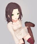  1girl :d arm_support arms_at_sides bangs beige_sweater bird black_hair blush boots breasts brown_footwear cleavage commentary_request dove forehead green_eyes grey_background grin idolmaster idolmaster_cinderella_girls idolmaster_cinderella_girls_starlight_stage jewelry long_hair long_sleeves looking_at_viewer mizu_ramen naked_sweater necklace open_mouth parted_bangs pink_ribbon ribbon ribbon-trimmed_footwear signature simple_background sitting sleeves_past_wrists small_breasts smile solo souma_natsumi sweater 