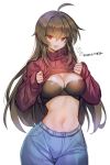  1girl artist_name bangs black_hair blush bra breasts cleavage clothes_lift denim eyebrows_visible_through_hair hair_between_eyes highres iris_yuma jeans large_breasts long_hair looking_at_viewer maett navel open_mouth pants red_eyes ribbed_sweater simple_background smile solo soul_worker sweater sweater_lift underwear very_long_hair wide_hips 