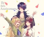  1boy 2girls :d anniversary arms_up black_flower blonde_hair blue_neckwear blush brown_hair clenched_hand closed_eyes confetti facing_viewer flower garry_(ib) hair_flower hair_ornament hair_over_one_eye hand_on_another&#039;s_head ib ib_(ib) light_smile long_hair mary_(ib) medium_hair multiple_girls oga_sleep open_mouth red_flower red_neckwear smile upper_body very_long_hair white_background yellow_flower 