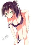  1girl black_hair blush bra breasts closed_mouth eyebrows_visible_through_hair green_eyes highres hizaka kaga_(kantai_collection) kantai_collection large_breasts long_hair looking_at_viewer panties purple_bra purple_panties side_ponytail solo twitter_username underwear 