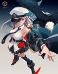  1girl azur_lane bangs bare_shoulders bird black_footwear black_neckwear boots breasts buttons clothes_writing coat collarbone cuff_links eagle enterprise_(azur_lane) expressionless eyebrows_visible_through_hair floating_hair hair_between_eyes hat highres knee_boots large_breasts long_hair looking_at_viewer miniskirt necktie off_shoulder open_clothes open_coat outstretched_arm peaked_cap rudder_shoes shirt sidelocks silver_hair skirt sleeveless sleeveless_shirt solo thigh-highs very_long_hair violet_eyes yuko_(uc_yuk) 