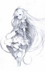  1girl :o ahoge boots braid graphite_(medium) hair_between_eyes highres ia_(vocaloid) junwool long_bangs long_hair looking_at_viewer off_shoulder pencil pink_hair pleated_skirt single_thighhigh skirt solo thigh-highs thigh_strap traditional_media very_long_hair vocaloid 