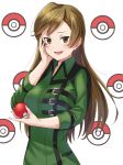  blush breasts brown_eyes brown_hair coach_trainer_(pokemon) creatures_(company) game_freak large_breasts nintendo poke_ball pokemon pokemon_(game) pokemon_lgpe tsukiman 