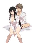  1boy 1girl black_eyes black_hair blush breasts brown_eyes brown_hair center_opening couple eyebrows_visible_through_hair glasses hair_between_eyes hands_clasped highres large_breasts long_hair looking_at_another mimyo original own_hands_together robe sitting sweat very_long_hair 