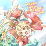  1girl 2018 bang_dream! bangs blonde_hair blush bow cartwheel day floral_print flower flower_knot fur_collar hair_bow hair_flower hair_ornament happy_new_year headset japanese_clothes kimono long_hair new_year obi outdoors ponytail red_flower red_kimono riai_(onsen) sash sidelocks slit_pupils solo thigh-highs tree tsurumaki_kokoro v-shaped_eyebrows white_legwear yellow_eyes 