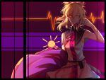  1girl belt blonde_hair bracer cape_removed commentary earmuffs highres light_smile neck_ribbon nga_(artist) ribbon sailor_collar sarashi scabbard sheath sleeveless solo sword touhou toyosatomimi_no_miko waveform weapon yellow_eyes 