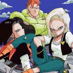  1girl 2boys android_16 android_17 android_18 belt black_footwear black_gloves black_hair black_shirt blonde_hair blue_eyes blue_sky bracelet brother_and_sister clouds cloudy_sky commentary_request crossed_arms day denim dirty dirty_clothes dirty_face dragon_ball dragonball_z earrings elbow_rest expressionless eyelashes fingernails frown gloves jeans jewelry long_sleeves looking_away looking_back messy_hair multiple_boys neckerchief necklace orange_hair orange_legwear orange_neckwear outdoors pants pearl_necklace red_ribbon_army rock serious shaded_face shirt short_hair siblings single_earring sitting sky socks spiky_hair tkgsize twins twitter_username waistcoat white_shirt 