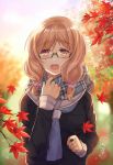  1girl adjusting_scarf autumn autumn_leaves black_serafuku blue_neckwear blue_scarf blush breast_pocket brown_eyes brown_hair commentary_request glasses green-framed_eyewear hair_ornament hair_scrunchie highres leaf long_sleeves looking_at_viewer low_twintails maple_leaf mole mole_under_eye neckerchief nekozuki_yuki open_mouth original outdoors pink_scrunchie plaid plaid_scarf pocket scarf school_uniform scrunchie semi-rimless_eyewear serafuku signature solo twintails under-rim_eyewear upper_body 