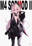  1girl bangs black_jacket black_legwear breasts character_name closed_mouth coat commentary_request eyebrows_visible_through_hair girls_frontline hair_between_eyes headgear jacket long_hair m4_sopmod_ii_(girls_frontline) mechanical_arm mimelond multicolored_hair open_clothes open_coat partially_unbuttoned pink_hair red_eyes small_breasts smile solo streaked_hair thigh-highs 
