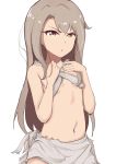 1girl absurdres bangs bare_arms bare_shoulders breasts brown_hair closed_mouth eyebrows_visible_through_hair fate/kaleid_liner_prisma_illya fate_(series) fingernails hair_between_eyes hands_up highres illyasviel_von_einzbern long_hair looking_at_viewer navel pear_sauce rags red_eyes simple_background small_breasts solo v-shaped_eyebrows very_long_hair white_background 