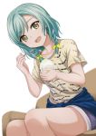  1girl :d aqua_hair bang_dream! bangs blue_shirt bow clothes_around_waist collarbone commentary_request eating green_eyes hair_bow highres hikawa_hina holding holding_spoon narafume open_mouth print_shirt shaved_ice shirt shirt_around_waist short_hair shorts side_braids sitting smile solo spoon white_background yellow_bow yellow_shirt 