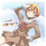  1girl antenna_hair bang_dream! blush brown_dress character_name double-breasted dress english hanasakigawa_school_uniform hand_on_hip hand_on_own_head kitazawa_hagumi long_sleeves looking_at_viewer neck_ribbon orange_eyes orange_hair red_neckwear riai_(onsen) ribbon sailor_collar sailor_dress school_uniform short_hair smile solo white_sailor_collar 