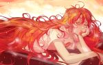 1other ahoge androgynous chin_rest gem houseki_no_kuni long_hair looking_at_viewer lying on_stomach open_clothes open_shirt padparadscha_(houseki_no_kuni) red_eyes redhead smile solo very_long_hair wavy_hair 