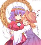  2girls :d ^_^ artist_name bangs blonde_hair blouse blush breasts brown_hat closed_eyes closed_eyes commentary_request cowboy_shot eyebrows_visible_through_hair hair_between_eyes hair_ornament hair_ribbon hand_on_another&#039;s_back hand_on_hip hat heart highres juliet_sleeves large_breasts leaf_hair_ornament long_sleeves looking_at_viewer mirror moriya_suwako multiple_girls open_mouth puffy_short_sleeves puffy_sleeves purple_hair purple_skirt purple_vest ramudia_(lamyun) red_blouse red_eyes red_ribbon red_skirt ribbon rope shide shimenawa shirt short_hair short_sleeves simple_background skirt skirt_set smile touhou twitter_username vest white_background white_shirt wide_sleeves yasaka_kanako yuri 