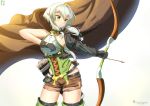  1girl arrow artist_name asymmetrical_sleeves black_gloves blush boots bow bow_(weapon) breasts chinchongcha cloak closed_mouth collarbone commentary cowboy_shot elf gloves goblin_slayer! green_eyes green_hair high_elf_archer_(goblin_slayer!) highres holding holding_weapon hood hooded_cloak long_hair looking_to_the_side pointy_ears quiver short_shorts shorts sidelocks simple_background sleeveless small_breasts smile solo thigh-highs thigh_boots v-shaped_eyebrows weapon 