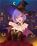  1girl :d black_gloves black_hat bow breasts choker cleavage crescent_moon elbow_gloves eyebrows_visible_through_hair fang fate/grand_order fate_(series) fingerless_gloves gloves hair_between_eyes hair_ornament halloween halloween_costume hat highres jazztaki large_breasts looking_at_viewer mash_kyrielight moon open_mouth purple_hair red_bow red_skirt short_hair skirt smile solo standing violet_eyes witch witch_hat 