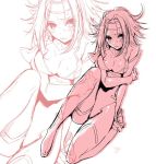  1girl blush bodysuit breasts cleavage code_geass embarrassed flipped_hair headband holding_arm kallen_stadtfeld knee_up large_breasts monochrome pilot_suit short_hair skin_tight solo sweat yokoyari_mengo 