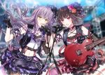  2girls :o armband bang_dream! bangs belt black_belt black_gloves black_hair black_vest blurry blurry_background cable chain_necklace choker commentary_request crossed_bangs detached_sleeves electric_guitar flower glint gloves guitar hair_flower hair_ornament hair_ribbon holding_cable instrument lavender_hair lens_flare long_hair microphone microphone_stand midriff minato_yukina mitake_ran multicolored_hair multiple_girls navel nennen o-ring o-ring_choker orange_flower orange_rose pantyhose pink_flower pink_legwear pink_rose purple_hair purple_ribbon purple_skirt red_skirt redhead ribbon rose scaffolding short_hair single_detached_sleeve skirt strap streaked_hair studded_belt studded_choker suspenders thigh_strap vest violet_eyes yellow_eyes 