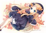  1girl :d abigail_williams_(fate/grand_order) bangs black_bow black_dress black_footwear black_hat blonde_hair bloomers blue_eyes blush bow brown_background bug butterfly commentary_request dress eyebrows_visible_through_hair fate/grand_order fate_(series) feet_out_of_frame forehead gradient gradient_background hair_bow hat insect long_hair long_sleeves looking_at_viewer lying on_back open_mouth orange_bow parted_bangs polka_dot polka_dot_bow shoes sleeves_past_fingers sleeves_past_wrists smile solo stuffed_animal stuffed_toy teddy_bear twitter_username underwear very_long_hair white_bloomers yukiyuki_441 