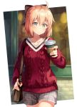  1girl ahoge bag black_bow blush bow breasts brown_hair closed_mouth coffee_cup collarbone cup disposable_cup expressionless eyebrows_visible_through_hair fate/grand_order fate_(series) grey_eyes hair_bow handbag holding holding_cup long_sleeves looking_at_viewer medium_breasts nonono okita_souji_(fate) okita_souji_(fate)_(all) red_sweater short_hair solo sweater 