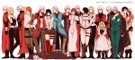  6+boys 6+girls bandage bandaged_head bandages bell belt belt_buckle black_hair blonde_hair blue_coat blush boots braid brown_hair buckle coat collar covering_mouth crossed_arms crying dante_(devil_may_cry) devil_may_cry devil_may_cry_2 devil_may_cry_3 devil_may_cry_4 dmc:_devil_may_cry dress fingerless_gloves formal gilver gloves hand_over_own_mouth highres jester_(dmc3) jewelry kat_(devil_may_cry) kyrie lady_(devil_may_cry) long_hair lucia_(devil_may_cry) medium_hair multiple_boys multiple_girls necklace nero_(devil_may_cry) open_mouth orange_hair patty_lowell red_coat scar short_hair short_shorts shorts simple_background smile standing stepped_on stepping suit sweatdrop trish_(devil_may_cry) vergil white_background white_hair yunako_(nkmichi) 