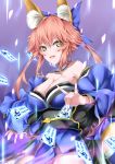  1girl absurdres animal_ear_fluff animal_ears blue_ribbon breasts cleavage fang fate/grand_order fate_(series) fox_ears fox_girl fox_tail hair_ribbon highres japanese_clothes kamehito large_breasts looking_at_viewer open_mouth pink_hair ribbon solo tail tamamo_(fate)_(all) tamamo_no_mae_(fate) yellow_eyes 
