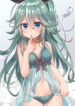  1girl blue_eyes breasts cleavage dated finger_to_mouth green_hair green_panties hair_ribbon kantai_collection long_hair navel panties ponytail ribbon signature solo underwear very_long_hair yamakaze_(kantai_collection) yumi_yumi 