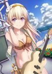  1girl bang_dream! bangs beach bikini blonde_hair bow breasts cable cleavage clouds collarbone commentary_request day electric_guitar fingerless_gloves flower frilled_gloves frills front-tie_bikini front-tie_top gloves green_ribbon guitar hair_flower hair_ornament hair_ribbon hairband highres instrument long_hair looking_at_viewer medium_breasts narafume orange_bikini orange_bow outdoors ribbon scaffolding shirasagi_chisato smile solo speaker swimsuit vest violet_eyes white_flower white_gloves 