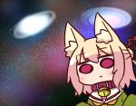  1girl animal_ear_fluff animal_ears bangs bell bell_collar blonde_hair blush brown_collar closed_mouth collar eyebrows_visible_through_hair fox_ears green_shirt hair_between_eyes hair_bun hair_ornament hands_up jingle_bell kemomimi-chan_(naga_u) long_hair long_sleeves meme naga_u original red_eyes sailor_collar shirt sidelocks sleeves_past_fingers sleeves_past_wrists solo space space_cat_(meme) star_(sky) white_sailor_collar 