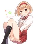  1girl between_legs black_legwear blonde_hair blush brown_eyes djeeta_(granblue_fantasy) eyebrows_visible_through_hair granblue_fantasy hair_between_eyes hairband hand_between_legs hands_clasped interlocked_fingers long_sleeves looking_at_viewer maru_(maruplum) miniskirt neck_ribbon own_hands_together pleated_skirt red_hairband red_ribbon red_skirt ribbon shirt short_hair skirt smile solo twitter_username white_background white_shirt 