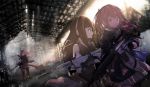  2girls ar-15 armband assault_rifle b_b_b_b66 bangs blonde_hair blue_eyes breasts brown_eyes brown_hair closed_mouth clothes_around_waist dress dual_wielding dust dust_particles eyebrows_visible_through_hair fingerless_gloves floating_hair girls_frontline gloves gun hair_between_eyes hair_ornament headphones highres holding holding_gun holding_weapon indoors jacket jacket_around_waist long_hair looking_at_viewer m4_carbine m4a1_(girls_frontline) magpul mod3_(girls_frontline) multicolored_hair multiple_girls one_side_up pink_hair ponytail remembering rifle ruins scarf side_ponytail sidelocks single_thighhigh st_ar-15_(girls_frontline) streaked_hair thigh-highs trigger_discipline weapon 