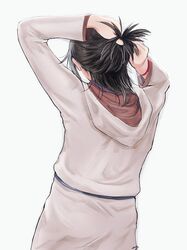  1girl black_hair commentary english_commentary from_behind grey_background hands_up hood kingdom_hearts long_sleeves mizu_ramen simple_background solo standing tying_hair 