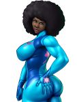  1girl afro ass ass_grab big_hair black_hair blue_bodysuit bodysuit breasts commentary cowboy_shot curvy dark_skin english_commentary erect_nipples green_eyes hand_on_own_ass highres large_breasts lips lipstick looking_back makeup metroid nikcesco nintendo nose pink_lipstick samus_aran skin_tight solo toned transparent_background very_dark_skin zero_suit 
