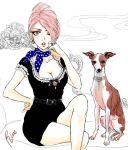  1girl belt bow bowtie breasts cigarette cleavage couch dog dress earrings eyeliner jewelry katekyo_hitman_reborn lipstick makeup neckerchief runesque short_hair smoking solo 