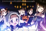  :d absurdres aki_(girls_und_panzer) animal_ears arms_up bandage bell bell_choker blush broom brown_eyes brown_hair calendar_(medium) cat_ears choker dress fangs fukuda_(girls_und_panzer) gate ghost_costume girls_und_panzer glasses grey_eyes halloween hat highres holding jack-o&#039;-lantern looking_at_viewer mika_(girls_und_panzer) mikko_(girls_und_panzer) multiple_girls night nishi_kinuyo one_eye_closed open_mouth pumpkin smile twintails vampire_costume witch_hat 