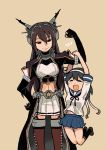  2girls ahoge arm_guards arm_up beige_background black_hair breasts brown_eyes brown_hair closed_eyes coat collar flexing garter_straps gloves hachimaki hair_between_eyes hairband hand_on_hip hanging_on_arm headband headgear kantai_collection large_breasts long_coat long_hair looking_at_viewer multiple_girls nagato_(kantai_collection) navel open_mouth otoufu partly_fingerless_gloves pleated_skirt pose remodel_(kantai_collection) school_uniform serafuku shoes short_sleeves sidelocks skirt smile socks thigh-highs ushio_(kantai_collection) 