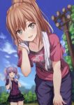  2girls absurdres bang_dream! bangs black_shirt blurry blurry_background bottle brown_hair clothes_writing commentary_request day grey_eyes group_name hand_on_own_leg highres holding holding_bottle imai_lisa leaning_forward multiple_girls narafume open_mouth outdoors pants ponytail purple_hair purple_shirt red_eyes red_shirt shirt sidelocks smile t-shirt telephone_pole towel towel_around_neck tree twintails udagawa_ako water_bottle 
