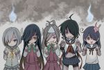  5girls ahoge asashimo_(kantai_collection) black_hair blonde_hair blue_eyes bow bowtie brown_eyes brown_hair bunny_hair_ornament ghost green_eyes grey_hair grin hair_ornament hair_over_one_eye hair_ribbon hairclip hamakaze_(kantai_collection) hayashimo_(kantai_collection) kako_(kantai_collection) kantai_collection long_hair looking_at_viewer midriff miniskirt multiple_girls navel neck_ribbon neckerchief otoufu ponytail rabbit remodel_(kantai_collection) ribbon school_uniform serafuku short_hair shorts shorts_under_skirt silver_hair skirt smile tongue tongue_out triangular_headpiece ushio_(kantai_collection) very_long_hair vest 