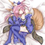  1girl absurdres animal_ear_fluff animal_ears blue_kimono blue_legwear blue_ribbon breasts cleavage closed_eyes fang fate/grand_order fate_(series) fox_ears fox_girl fox_tail hair_ribbon highres japanese_clothes kamehito kimono large_breasts looking_at_viewer pink_hair ribbon solo tail tamamo_(fate)_(all) tamamo_no_mae_(fate) yellow_eyes 