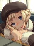  1girl blonde_hair blue_eyes cabbie_hat character_request commentary_request fur_trim hat head_rest hi_no_tori round_teeth short_hair solo suo_(sndrta2n) teeth 
